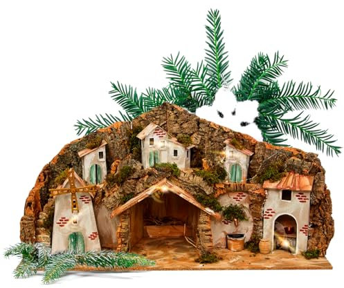 Avilia Neapolitanische Weihnachtskrippe mit Mühle, Brunnen und LED-Lichtern, 42 x 96 x 58 cm, handgefertigt und aus robusten Materialien, ideal für die Dekoration von Haus während der Weihnachtsfeier