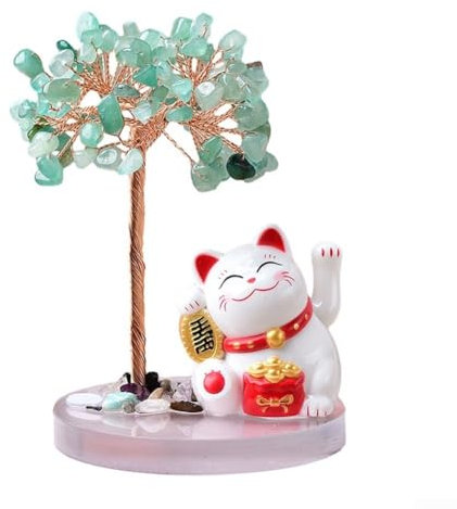 YUANGANG Shake Hands Lucky Cat Fate Tree Natural For Crystal-Crushed Stone Feng Shui Tree Lucky Cat Statue For Table Livingroom Office Studying Room Decoration 13 * 8cm(Green)