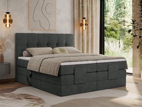 MKS MEBLE Boxspringbett 160x200 elektrisch verstellbar 7-Zonen Taschenfederkern Matratze mit TopperBett mit Motor Polsterbett Motorbett - Vittoria - Dunkelgrau Strukture - H4