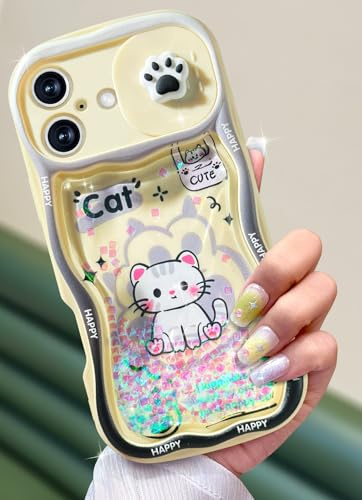 Toycamp for iPhone 16 Case 6.1 Inch - Women Girls Cute Phone Cover Cats with Sliding Camera Cover Girly Glitter Kawaii Pretty Cartoon Design Unique Flowing Liquid Quicksand Case for iPhone 16