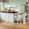 Isla de cocina multifuncional con mesa de comedor extensible blanca de 150 + 96 cm, armarios de almacenamiento integrados, mesa de trabajo de madera marmolada negra y blanca, ideal para cocinas