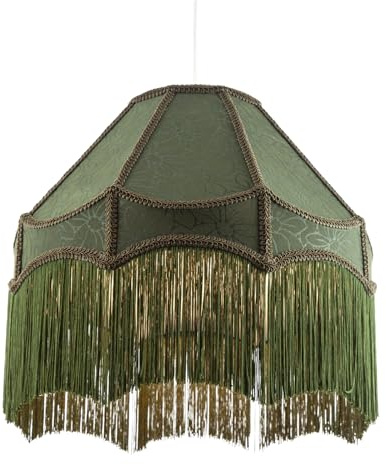 Traditional Classic Handmade Victorian Empire Shade in Floral Print Forest Green Jacquard Cloth with Embroidered Trims and Tassels | 40cm x 26cm by Happy Homewares