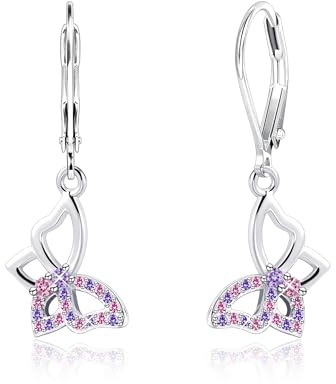 ASH'S CHOICE 925 Sterling Silver Pink Heart Butterfly Earrings for Women