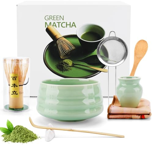 KIMIGO Matcha Kit 8 Pièces, Service À Thé Matcha,Bol à Matcha, Fouet Matcha, Support De Fouet à Matcha,Filtre,Cuillere Matcha, Stand, Serviette De Thé,Coffret Cadeau pour Amateurs de Matcha
