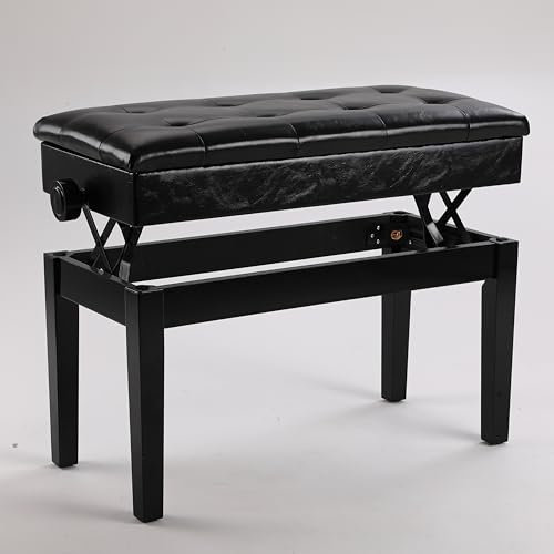 Clevich Klavierhocker Höhenverstellbar 48-58CM, Pianobank mit Stauraum 73 * 35 * 48cm, Klavierbank mit PU Lederkissen, Klavierstuhl Heavy Duty, Tastatur Piano Bench bis 200KG Belastbar, Schwarz