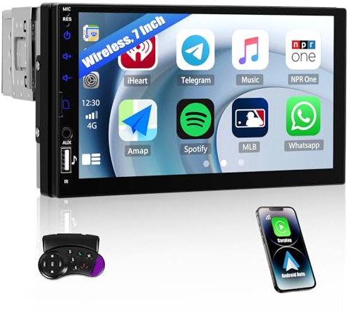 SIXWIN 1 Din Autoradio con Wireless Carplay Android Auto, schermo touchscreen da 7 Pollici, supporto Bluetooth/FM/EQ/USB/AUX/TF/Mirror link+Comandi al Volante