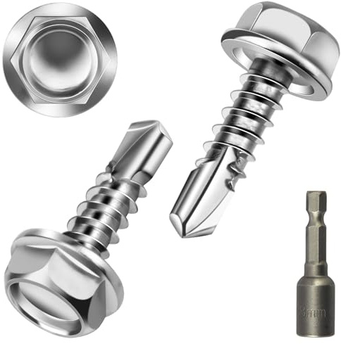 Poeland Lot de 50 vis à tôle trapézoïdale à tête hexagonale - 4,8 x 16 mm - En acier inoxydable - Vis autoforeuses pour tôle de toiture, tôle trapézoïdale, acier, bois - Avec 1 clé à douille