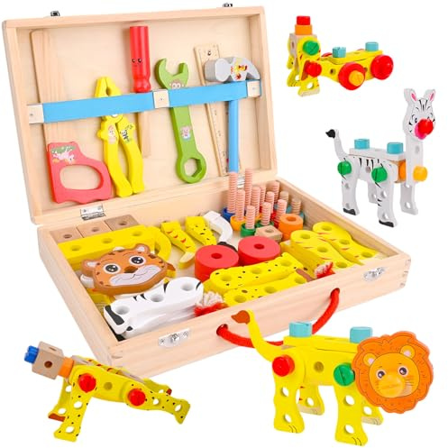 Gioco Bambino, Giochi Montessori, Cassetta Attrezzi Bambini, Giochi in Legno, Attrezzi Giocattolo, Cassetta degli attrezzi in legno per bambini con manico, Giocattoli Bambino 3-5 Anni, Regalo. (A)