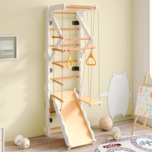 6-in-1 Kinder Indoor Klettergerüst Turngeräte & Schaukeln Holz mit Rutsche Krabbelleiter Sprossenwand Turnbereich Spielturm Fitnesscenter Sprossenleiter Motorikspiel