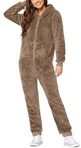 CCOOfhhc Jumpsuit Damen Winter Overall Teddy Fleece Einteiler Anzug Lange Hausanzug Einfarbig Schlafanzug Mit Kapuze Plüsch Onesie Flauschig Teddy Fleece Schlafoverall Winter Ganzkörperanzug Pyjama