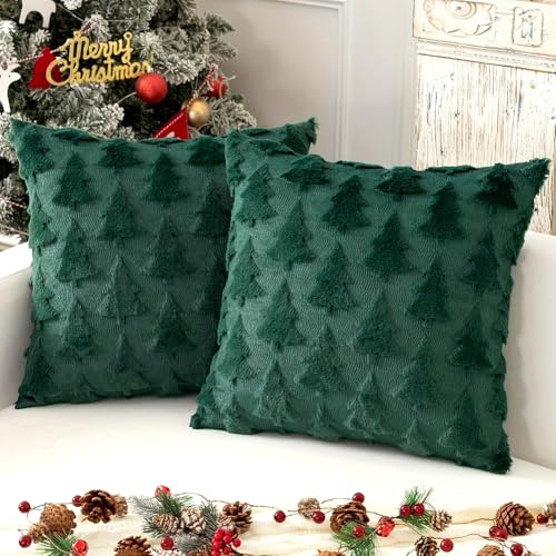 HAJXXMM Christmas Pillow Cases, Christmas Design Cushion Covers, 2pcs Cushion Covers 45x45cm, Christma Tree Throw Pillow Cover, Holiday Decor Square Pillows Cases for Sofa Bedroom, Green -A