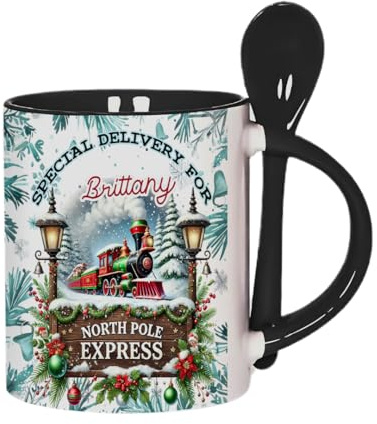 Getagift Personalised North Pole Express Train, Custom Name Print, Christmas Festive Holiday Special Delivery Artwork, 11oz Inside Colour with Spoon Ceramic Coffee Mug. (Black)