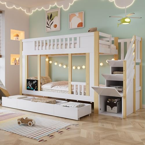 Rvjiahe Etagenbett, Kinderbett, Treppenschrank mit Stauraumfunktion, DREI Schubladen auf Rollen, Kleine Tafel zum Kritzeln, Kiefer + MDF+PB+Sperrholz, Weiß+Natur, 90x200cm
