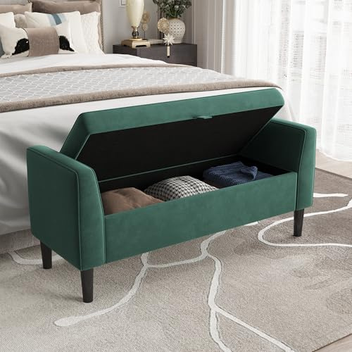 Aptliton 118 cm Velvet Upholstered Entryway Storage Bench, Button Tufted Long End of Bed Bench with Armrest and 2 Pillows for Bedroom, Living Room, Hallway, Green