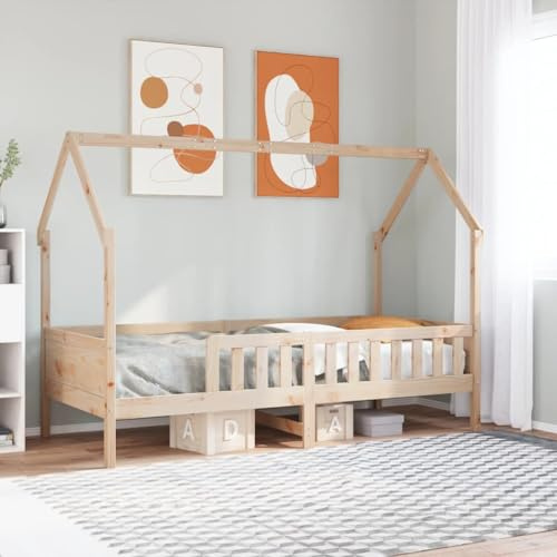Hoopleep Kinderbett 90x200 cm Massivholz Kiefer, Hausbett mit Lattenrost, 100 kg Belastbarkeit, Sichere Seitengitter, Offenes Dach für Dekoration, Naturholz-Finish für Kinderzimmer
