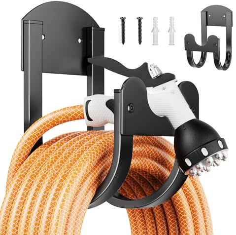 YOADEHOA Garden Hose Holder Wall Mount - Metal Water Hose Hanger for Outside, Durable Hose Hook for Garden Garage Yard Storage (Black-1PC)