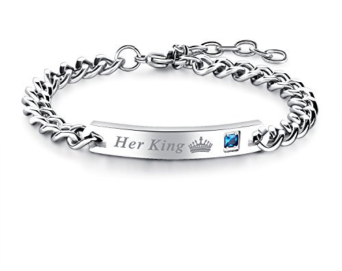 JewelryWe Schmuck Herren Partner Armband, Lieben Freundschaftsarmband Geschenke für Männer, Her King Schrift Krone, Edelstahl Zirkonia, Silber, kostenlos Gravur