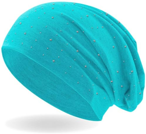 Hatstar Strass Nieten Steine Jersey elastisches Long Slouch Beanie Unisex Herren Damen Mütze (Trükis-Blau)