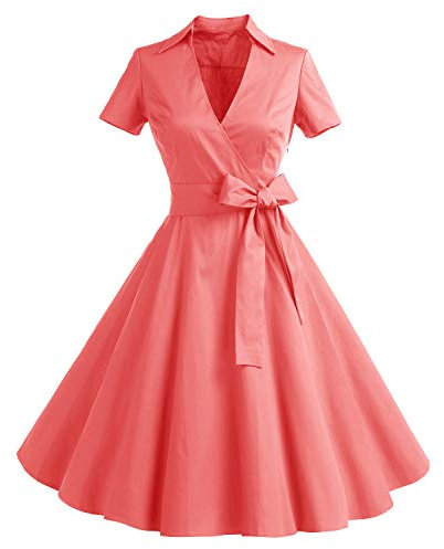 Timormode Robe Années 50's Audrey Hepburn Rockabilly Swing,Plissé Robe à Manches Courtes 10084Coral 2XL
