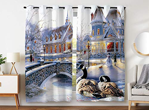Violetpos 180 x 140 cm Weihnachten Villa Schneemann Schnee Gardinen Blickdichter 2er Set Vorhang Verdunkelung mit Ösen für Schlafzimmer Wohnzimmer