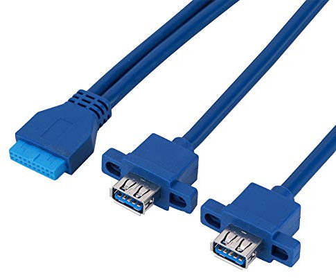 ASHATA Adaptador de Divisor USB 3.0 2 Puertos, USB3.0 19PIN A 2AF Cable de Montaje en Panel de Placa Base Frontal con Orificio para Tornillo, USB 3.0 19 Pines a Doble Puerto Un Cable Hembra(0.8M)