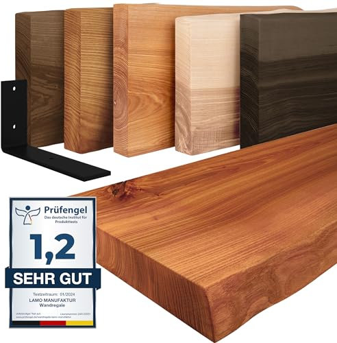 LAMO Manufaktur Wandregal Holz Baumkante | Regal Farbe: Dunkel | mit schwarzem Basic Regalträger | 160 cm