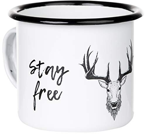 MUGSY Tasse en émail | Stay wild – Stay free | avec dessin animal | Mug robuste et léger pour les voyages et l'extérieur | Tasse à café rétro 300 ml (cerf)
