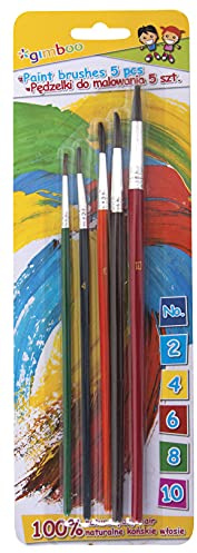 gimboo Pinsel Set 5 für Schule Hobby und Kunsthandwerk/Schulmalpinsel-Set 6tlg, Haarpinsel (Größe 2, 4, 6, 8, 10) / 100% natürliches Rosshaar mit Holzstiel/Blister