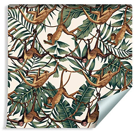 Muralo Selbstklebende Tapeten Rollen Affen Tiere Blumen Tropen Exotisch Blätter Natur Dschungel 1000 x 50cm Wandtapete für Kinderzimmer Spielzimmer