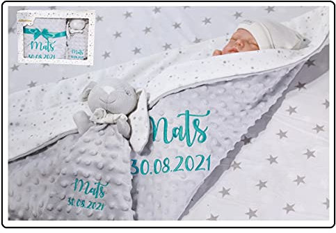 Geschenk-Set New Baby Babydecke mit Namen + Teddybär Baby-Shower Geburt (Geau - Hase)