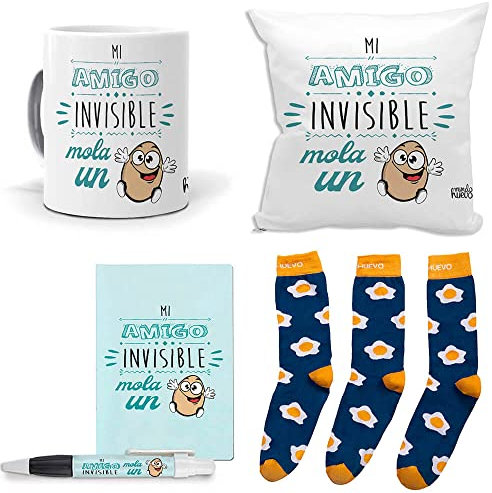 mundohuevo Mega Regalo Personalizado Divertido Amigo Invisible. Mi Amigo Invisible Mola un Huevo. Taza, cojin, libreta, boli y Trio de Calcetines