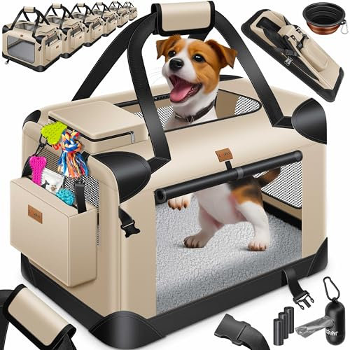 LOVPET® Transportbox Hund Katze Transporttasche M 60x42x44cm | Hunde-Tragetasche Faltbare Katzentasche | Haustier-Transportbox inkl. Hundenapf & Schultergurt | für Katzen & Hunde Beige