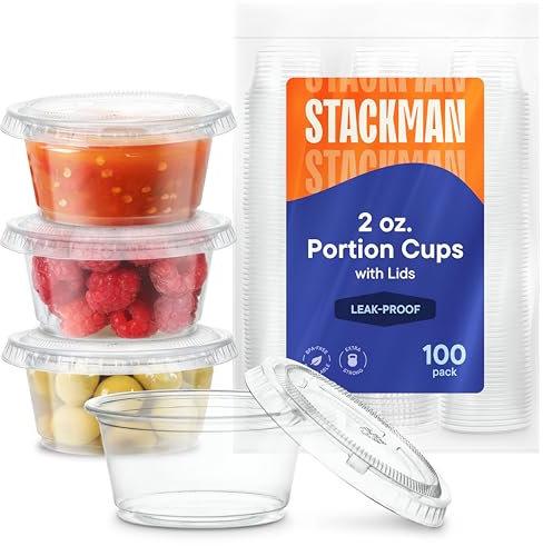 [100 Sets - 2 oz.] Small Plastic Condiment Containers with Lids, Jello Shot Cups, Portion Cups with Lids, 2oz Dipping Sauce Cup, Salad Dressing Container, Disposable Mini Plastic Souffle Cups Ramekins