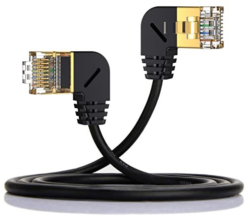 Disscool,Cavo Ethernet Cat8, testa placcata in oro, ad alta velocità, RJ45, cavo Internet piatto di rete, LAN, lunghezza 90 gradi, maschio a sinistra, per modem (0.5 m, da destra a sinistra)