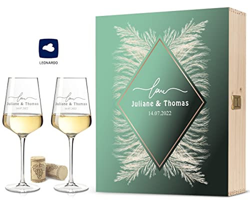 GRAVURZEILE Leonardo Weingläser mit Gravur - Pampasgras Green Love Design - Personalisiert mit Namen & Datum - Geschenk zur Hochzeit Verlobung - inkl. bedruckter Holzkiste - Farbe Große Kiste UV