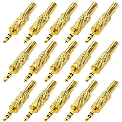 KUOQIY 15 Stücke 3.5mm 3-Polig TRS-Stecker, 3.5mm Metall Löten Stereo Audio Klinkenstecker mit Frühling, Audio Löttyp Adapter für Kopfhörer, Vergoldet