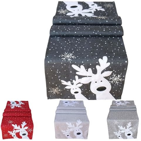 texpot Tischläufer 40 x 140 cm grau weiß Silber, lustiger Elch, Rentier, Tischdecke, Weihnachten Weihnachtsdeko Weihnachtstischdecke