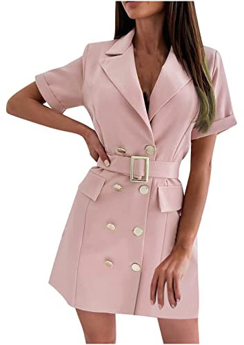 Susenstone Blazer Robe Femmes À Manches Courtes Cardigan Ceinturé Blazers À Manches Longues À Double Boutonnage Travail Bureau Invités De Mariage Formelle Élégant OL Bureau Affaires Veste, Rose