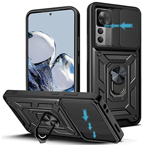 Loyhee Hülle für Xiaomi 12T / 12T Pro 5G (6.67), Kameraschutz Handyhülle mit 360 Grad Ring Ständer Weich TPU Bumper Stoßfest + Hart PC Rückseite Kratzfest Tough Armor Schutzhülle - Schwarz