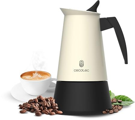 Cecotec Cafetera Italiana Piccolina 400 Beige, Capacidad 200 ml para 4 tazas, Diseño elegante en Acero, Filtro Acero Inoxidable, Apta para todas las superficies, Válvula de seguridad, Cierre silicona