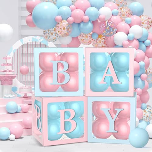 46 Stück Babyparty Dekoration mit Luftballons und Buchstaben–Enthalten 34 Rosa, blaue Luftballons, 4 Schachteln, 8 Buchstaben BABY*2, Gender Reveal Party Deko, Baby Boxen Deko für Junge Mädchen