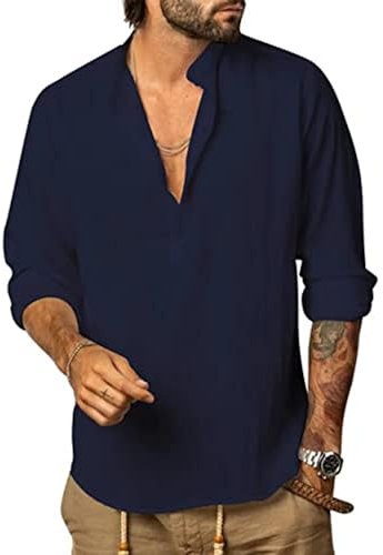 YAOHUOLE Mens Linen Shirt Long Sleeve Casual Cotton Henley Shirt Hippie Beach Button Summer Shirt Navy M