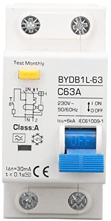 Disjoncteur Miniature 230V, A Type 30mA 63A 1P N Disjoncteur à Courant Résiduel, Protecteur de Fuite Protection Contre les Surcharges Commutateur D'air pour Lignes de Distribution D'éclairage