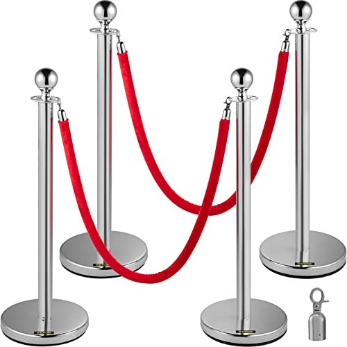 VEVOR Poteau de Guidage Séparation d'Argent 4 Pcs avec 2 Cordes Velours Rouges 1,5 m, Fils d'Attente de Queue Poteau Individuel de Sécurité 96 cm Hauteur Barrière de Queue pour Contrôle des Foules