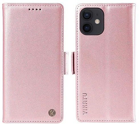 nancencen Handyhülle für iPhone 12 Hülle, Einfarbige Premium Klappbar Leder Schutzhülle mit Magnet-Verschluss, Matte TPU Einfache und Modische Schutzhülle, Roségold