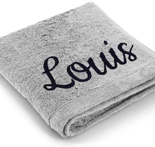 Cawö Premium Handtuch mit Namen oder Wunschtext Bestickt, personalisiertes Badetuch, individuelles Badetuch, 100% Baumwolle, 100 x 160 cm Grau