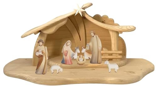 Akantus Leonardo Weihnachtskrippe aus Holz: 8er Set mit Stall HL.Nacht groß (17 cm, bemalt)