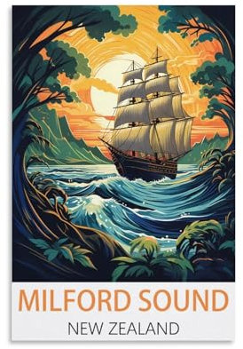 KmoNo Milford Sound Neuseeland Vintage-Reiseposter 20 x 30 cm Poster Dekor Malerei Leinwand Wandkunst Wohnzimmer Poster Schlafzimmer