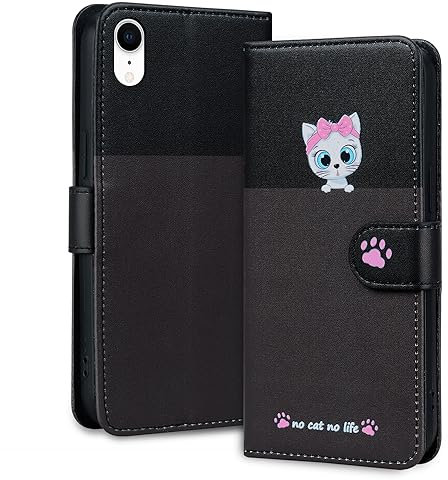 Tiyoo Lovely & Cute Flip Wallet Phone Case for iphone XR with Cartoon Cat&Dog Pattern,Premium Magnetic PU+TPU Leather for high protection phone cover for iphoneXR(Dark Gray&Black)