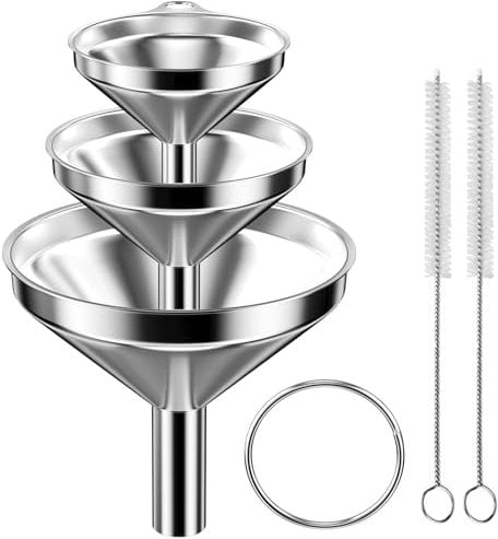 Newpop 3 Stück Entonnoir de Cuisine en Acier Inoxydable, Ensemble d'entonnoirs avec 2 Brosse, Entonnoir Métallique Diamètre 4.5/5.5/7.5cm pour Transfert Liquide, Alimentaire, Vin, Confiture Argent